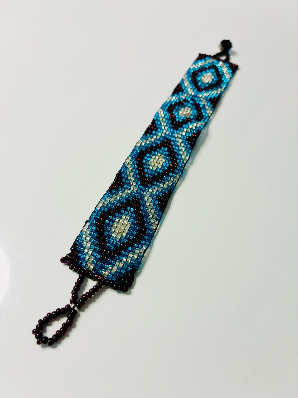 Source Unknown Blue Teal Black Geometric Beaded Bracelet Brooch - Picture 7 of 10